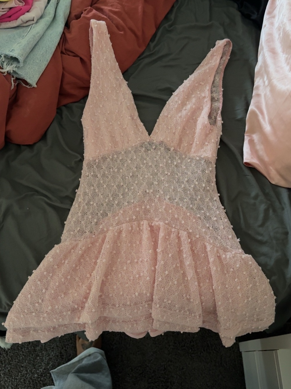 Pink Lace Deep V Peplum Slip Dress